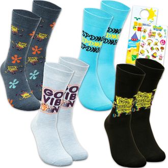 Nickelodeon Spongebob Socks for Men Set - Bundle with 4 Pairs of Crew Socks for Men Shoe Size 10-13 Plus Stickers, More | Spongebob Squarepants Apparel Gift Set