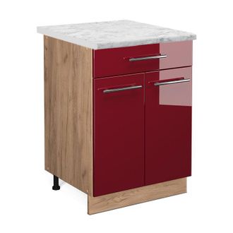 Vicco Mueble Bajo De Cocina Fame-line, Rojo Burdeos Alto Brillo, 60 Cm Con Caj&oacute;n, Et M&aacute;rmol Vicco
