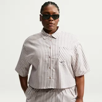 Nike Womens Nike Sportswear Chill Poplin Oversized Striped Top (Plus Size) in Brown | IO6995-286