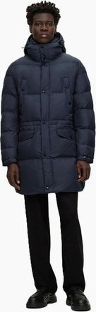 HUGO BOSS Mens Solid Patterned Hooded Puffer Coat - Navy - Size: 42 52