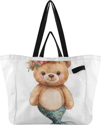 Generic Teddy Mermaid White pattern Reusable Canvas Tote Bag, Heavy Duty Grocery Shopping Bag with Large Capacity Hard Bottom Double Handles Work Groceries Tr