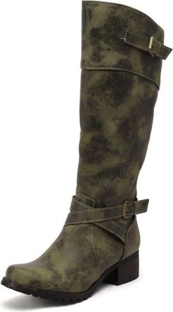 Generic Womens Closed Round Toe Long Boots with Buckle PU Leather Knee High Boot with Zipper Block Heel Western Boots,Army Green,4.5 UK