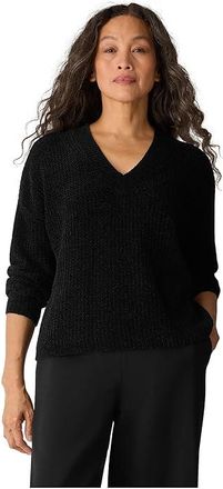 Eileen Fisher Chenille Blend V Neck Sweater Womens Sweater Black : XL, Cotton/Lyocell/Tencel