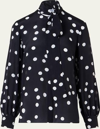 Akris Polka Dot-Print Georgette Neck-Bow Blouse