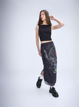 Ed Hardy Womens Dragon slit long mesh skirt