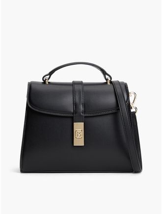 Tommy Hilfiger Womens Monogram Turnlock Mini Satchel Bag - Black