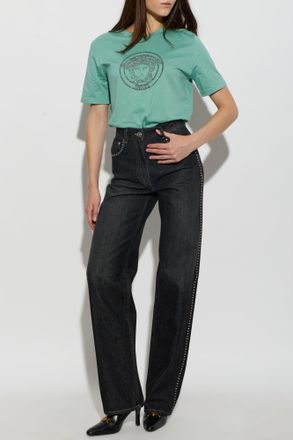 Versace T-shirt With Shimmering Crystals, Womens, Green