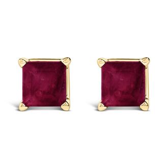 House of Brilliance 14K Yellow Gold 5x5MM Princess Cut Red Ruby Solitaire Stud Earrings