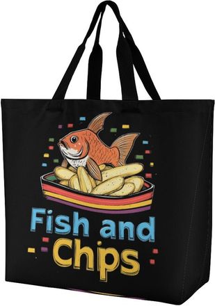 Generic Fish And Chips Tote Bag Reusable Grocery Shopping Bags Large Travel One Shoulder Handbag for Picnic Work
