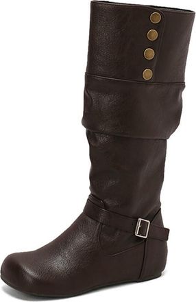 Generic Womens Vintage Round Toe Slouchy Knee High Riding Boots Pleated Slip On Hidden Wedge Heel Casual Winter Shoes (5.5,Deep Brown)