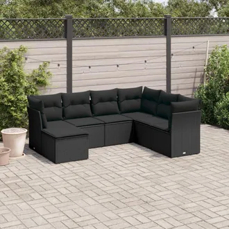 vidaXL Vidaxl - Set De Comedor De Jard&iacute;n 7 Pzas Y Cojines Rat&aacute;n Sint&eacute;tico Negro