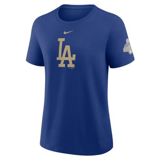 Nike Los Angeles Dodgers 2025 World Series Champion Gold Series Logo Nike Womens MLB T-Shirt in Blue | 01K94EWLD-JHE