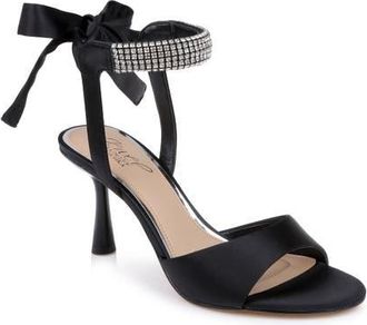 Badgley Mischka Blake Crystal Ankle Strap Sandal in Black Satin at Nordstrom, Size 6.5