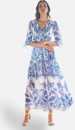 Yumi 3/4 Sleeves Paisley Wrap Midi Dress in Blue at Nordstrom, Size 14