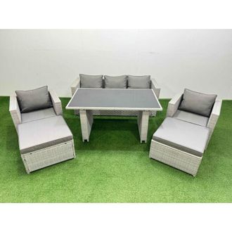 Fimous Patio Garden Furniture Sets with Black Glass Top Dining Table Armchair 3 Seater Sofa 2 Big Stool Light Grey - Fimous