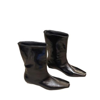 Generic GLDFW Square Toe Women Slimming Knight Boots Elegant Wedges Low Heel Short Booties Black