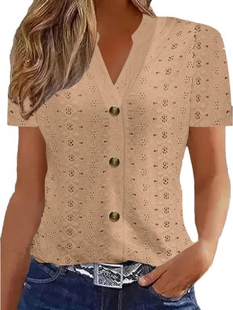 Generic Ladies Blouses, Vintage Floral Print Shirts Summer V Neck Short Sleeve Blouse Eyelet Embroidery T-Shirt Going Out Top for Women Causal Clothes Womens 