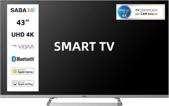 Saba SMART TV 43 pollici ULTRA HD 4K, Sistema operativo VIDAA, Triplo ter DVBT2/C/S2 HEVC MAIN10, Certificato TivuSAT, Piedistallo centrale, Dolby
