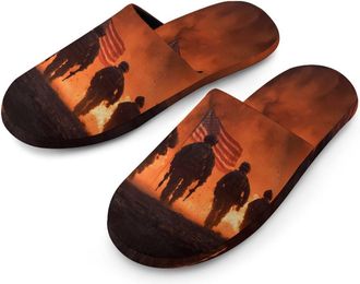 Generic Soldiers Under Fire Flag Mens Slippers Warm Non-Slip Houes Shose Spa Slipper for Home Bedroom