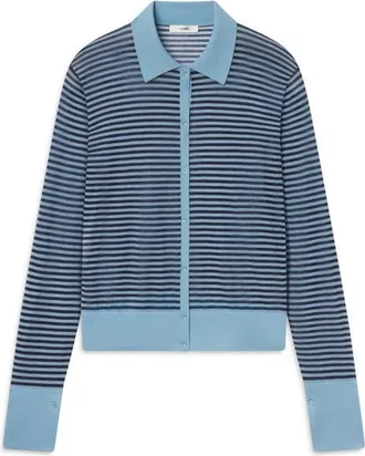 Frame Denim The Collared Stripe Cottpn Blend Cardigan in Powder Blue Multi at Nordstrom, Size X-Small