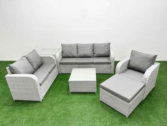 Fimous Patio PE Wicker 7 Seater Outdoor Rattan Furniture Sofa Sets w/ Square Coffee Table Reclining Chair Loveseat Sofa 3 Seater Sofa Big Footstool