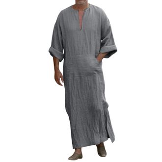 Generic Musilimmorrocan Thobe: Men V-Neck Linen Robe Solid Long Night Gown Casual Loose Shirt Kaftan Thobe Henley Long Sleeve Men Slim Fit Loungewear Bottoms 
