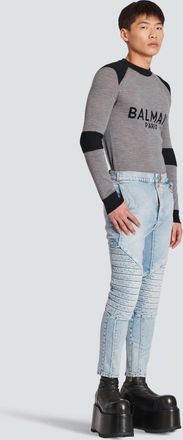Balmain Quilted Knee Pad Denim Jeans - Blue