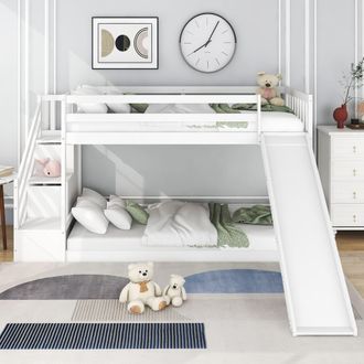 Matteo Bunk Bed With Stairs & Slide, Solid Pine Wood Frame, Children Bed With 2 Drawers In The Steps in White | Size: Double