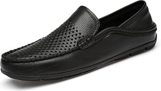 Generic Mens Loafers Simple Breathable Moccasins Shoes Leather Lightweight Anti-Slip Slip Resistant Prom Slip-on(Black-Perforated,8.5 UK)