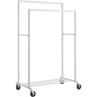 Songmics Stand Appendiabiti a Doppia Barra, Struttura in Metallo, Portabiti Largo 100 cm, con Ripiano Portaoggetti e Rotelle, 2 Ruote con Freni