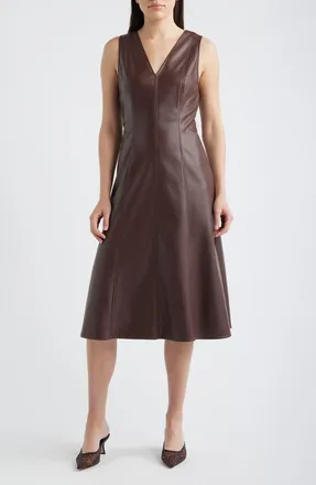 Maggy London V-Neck Faux Leather Fit & Flare Midi Dress in French Roast at Nordstrom, Size 18