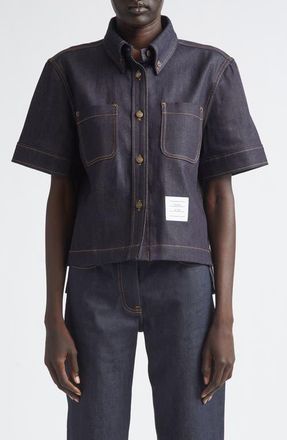 Thom Browne Short Sleeve Denim Button-Down Shirt in Navy at Nordstrom, Size 2 Us