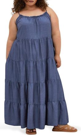 City Chic Island Tiered Maxi Dress in Dark Wash at Nordstrom