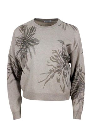 Brunello Cucinelli Long-sleeved Round-neck Wool, Silk And Cashmere Sweater With Flower Print Embellished With Lurex