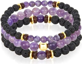 Crucible Jewelry Crucible Los Angeles 3 Pack Amethyst, Lava, Wood and Gold Hematite Bead Stretch Bracelets