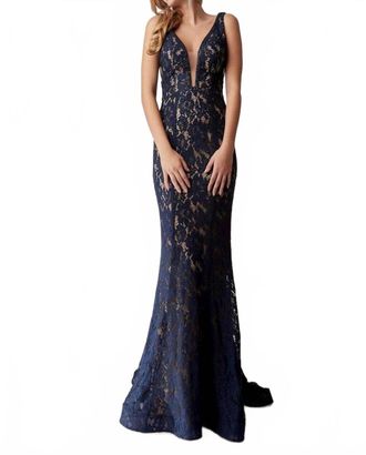 Jasz Couture Beaded Lace Deep V-Neck Sheath Dress In Navy Nude