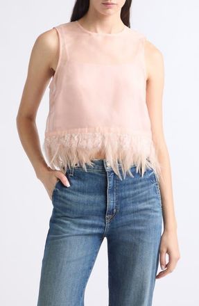 Staud Avi Sleeveless Feather Trim Silk Top in Sandrose at Nordstrom, Size X-Small