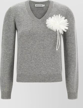 Self Portrait cashmere v-neck ribbed floral-appliqu&eacute; sweater