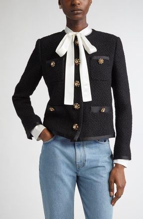 Dolce & Gabbana Bejeweled Button Crop Boucl&eacute; Tweed Jacket in Nero at Nordstrom, Size 12 Us