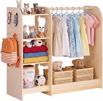 OEM Armario De Disfraces Para Ni&ntilde;os Con Espejo, Perchero Infantil Con Estantes, Mueble Montessori De Madera Natural, Organizador De Ropa Con Barra Y Compa