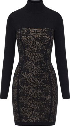 Elisabetta Franchi Black Lace Bodice High-Neck Viscose-Blend Mini Dress