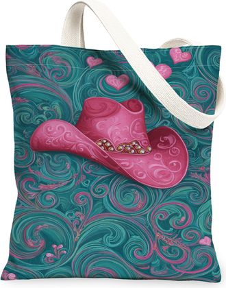 Generic Floral Cowboy Hat Canvas Tote Bags, Colorful Design Reusable Grocery Bags, Summer Vintage Lightweight Washable Shoulder Str, Peach, 13x15 Inch