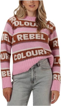 Colourful rebel Intarsia Gebreide Trui Ximenia - Dames - Ronde hals truien - Roze - XS - Truien & Vesten