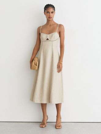 Reiss Neutral Linen-blend Fit-and-flare Midi Dress, 18