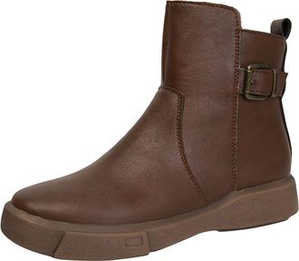 Generic Winter British Style Velvet Ankle Boots with Fashion Belt Buckle and Front Zipper Design for Women Flat Heel Comfort Footwear (Brown, 5. 5)