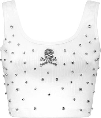 Philipp Plein Jersey Rib Cropped Top Stones - Dames - Tops zonder mouwen - Wit - L - Katoen - Tops