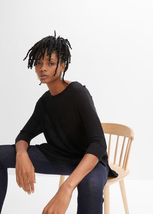 Bonprix Strickpullover BONPRIX Feinstrickpullover mit 3/4 Arm, Damen, Gr. 56/58 (XXXL), schwarz, Obermaterial: 50% Polyacryl, 50% Viskose, oversize, Pullover 