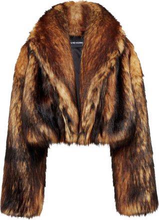 DAVID KOMA Brown Oversized Cropped Faux Fur Bomber Jacket