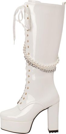 Generic Winter Solid Color Square Toe Platform High Heels Glossy Leather Lace Up Pearl Chain Fashion Women Knee High Boots (White, 6. 5)