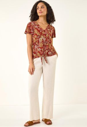 Roman Floral Tie Front Stretch Top
